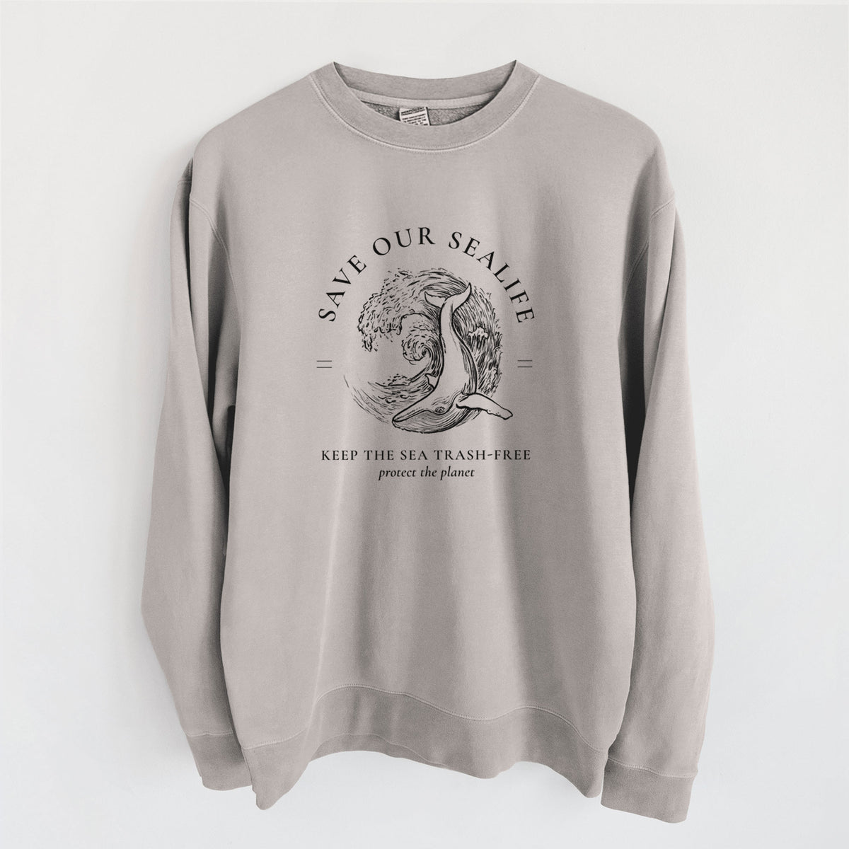 Cement grey pigment dyed crewneck sweatshirt laid flat, printed with a black ink whale in an ocean wave framed by the words Save Our Sealife, Keep the Sea Trash-Free.