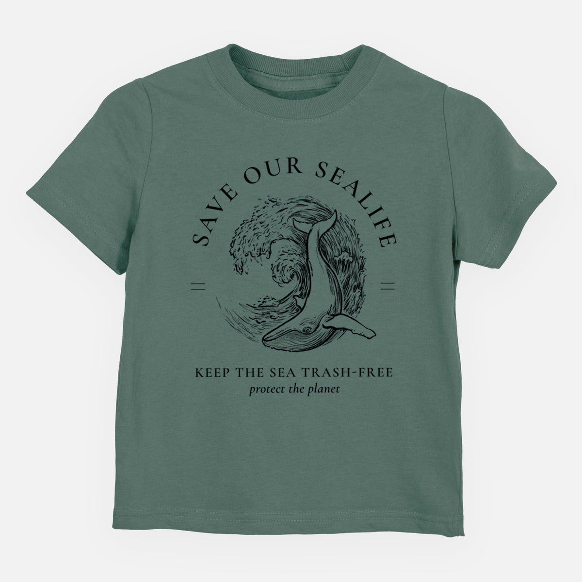 Basil green toddler t-shirt laid flat, printed with a black ink whale in an ocean wave framed by the words Save Our Sealife, Keep the Sea Trash-Free.