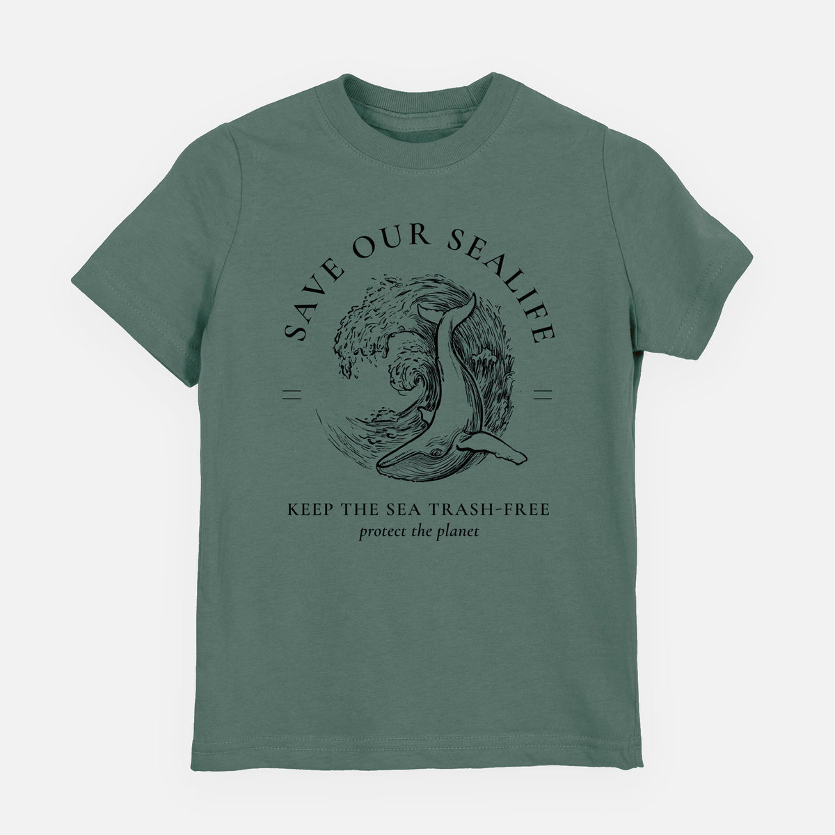 Basil green youth t-shirt laid flat, printed with a black ink whale in an ocean wave framed by the words Save Our Sealife, Keep the Sea Trash-Free.