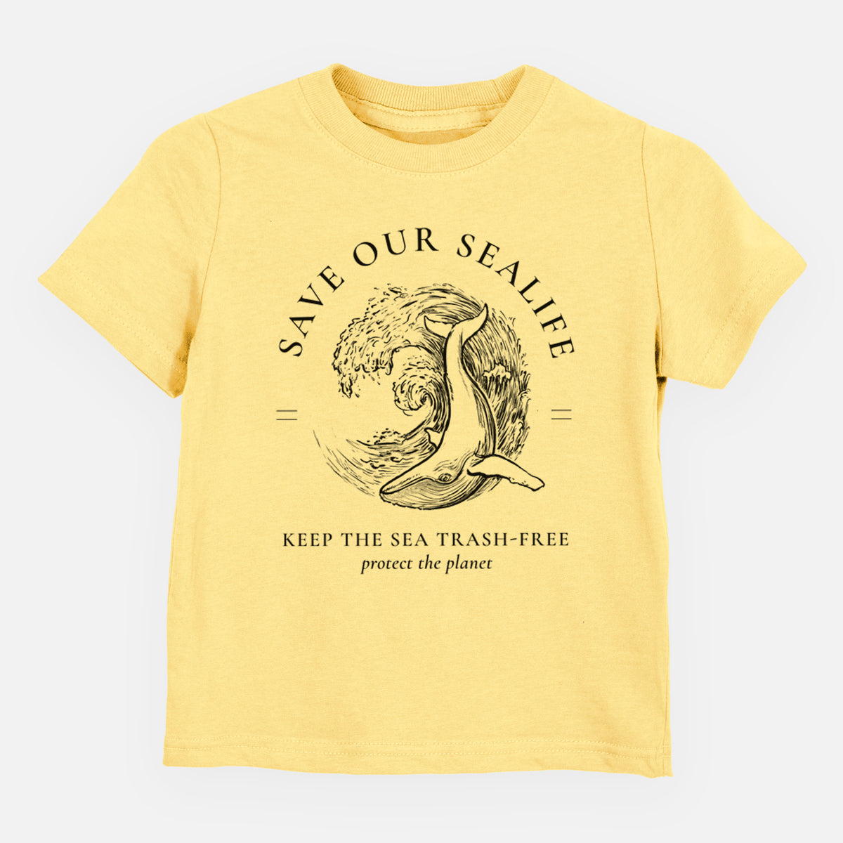 Butter yellow toddler t-shirt laid flat, printed with a black ink whale in an ocean wave framed by the words Save Our Sealife, Keep the Sea Trash-Free.