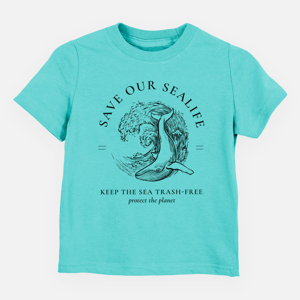 Caribbean blue toddler t-shirt laid flat, printed with a black ink whale in an ocean wave framed by the words Save Our Sealife, Keep the Sea Trash-Free.