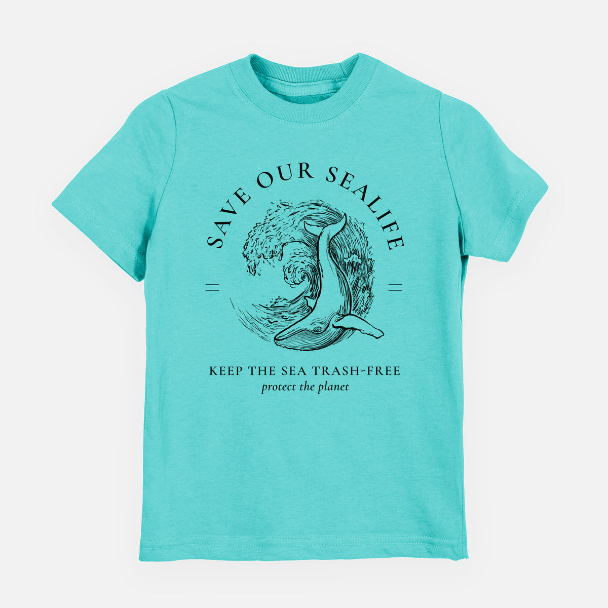 Caribbean blue youth t-shirt laid flat, printed with a black ink whale in an ocean wave framed by the words Save Our Sealife, Keep the Sea Trash-Free.