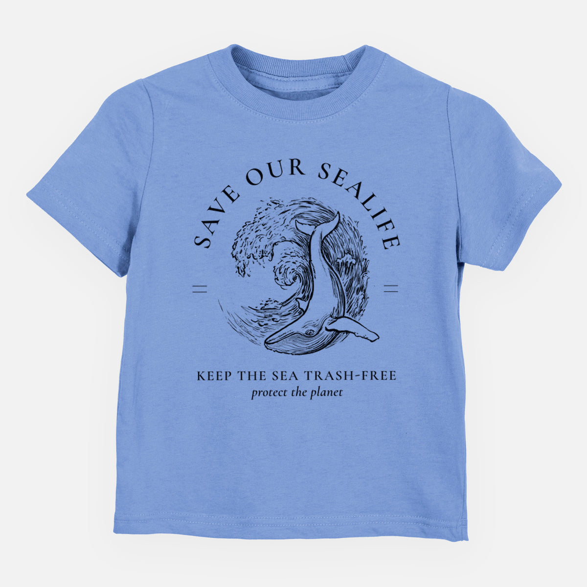 Carolina blue toddler t-shirt laid flat, printed with a black ink whale in an ocean wave framed by the words Save Our Sealife, Keep the Sea Trash-Free.