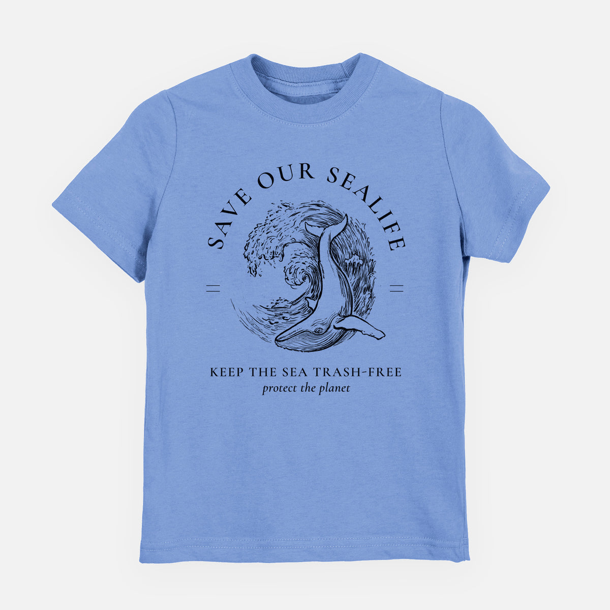 Carolina blue youth t-shirt laid flat, printed with a black ink whale in an ocean wave framed by the words Save Our Sealife, Keep the Sea Trash-Free.