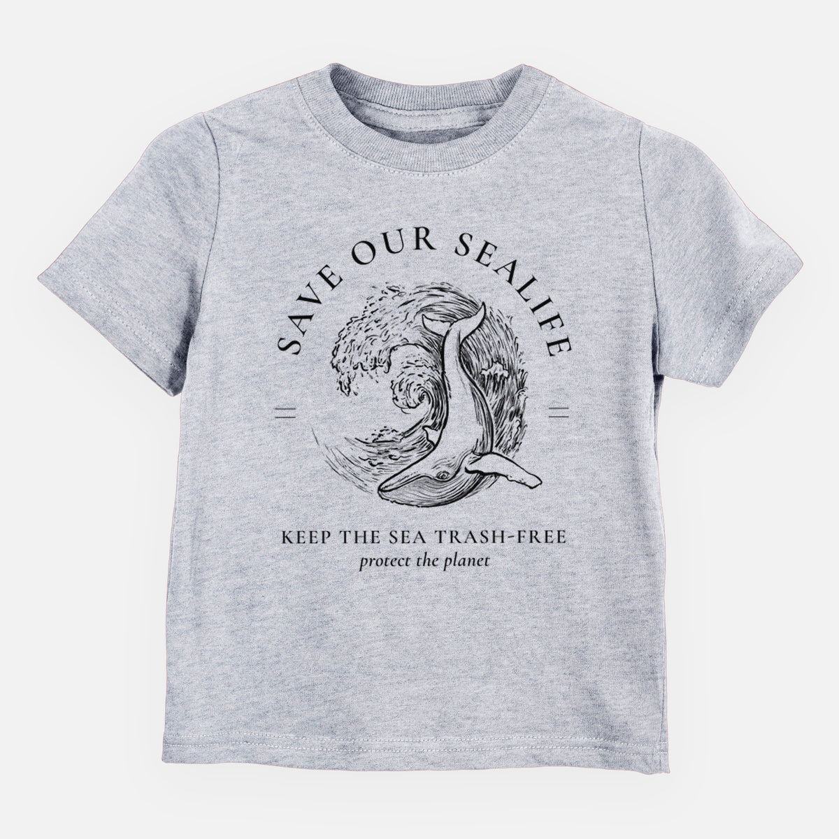 Heather grey toddler t-shirt laid flat, printed with a black ink whale in an ocean wave framed by the words Save Our Sealife, Keep the Sea Trash-Free.