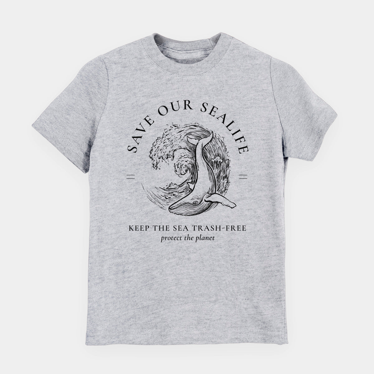 Heather grey youth t-shirt laid flat, printed with a black ink whale in an ocean wave framed by the words Save Our Sealife, Keep the Sea Trash-Free.