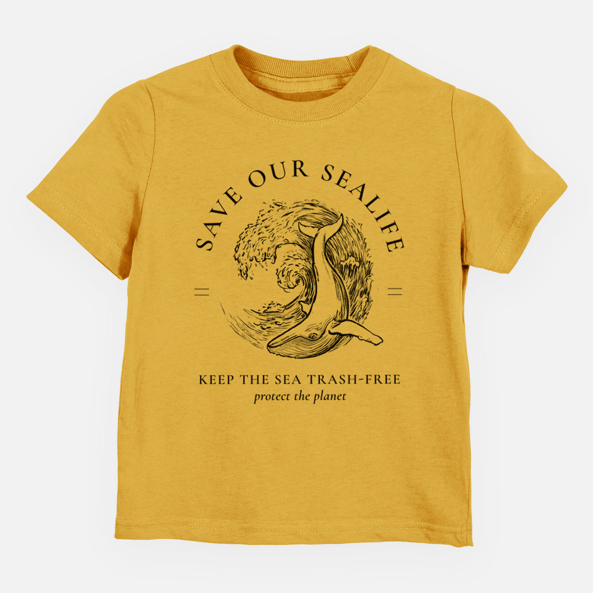 Honeycomb yellow toddler t-shirt laid flat, printed with a black ink whale in an ocean wave framed by the words Save Our Sealife, Keep the Sea Trash-Free.