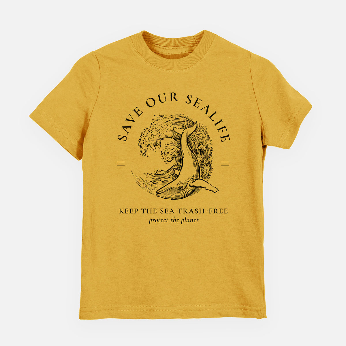 Honeycomb yellow youth t-shirt laid flat, printed with a black ink whale in an ocean wave framed by the words Save Our Sealife, Keep the Sea Trash-Free.