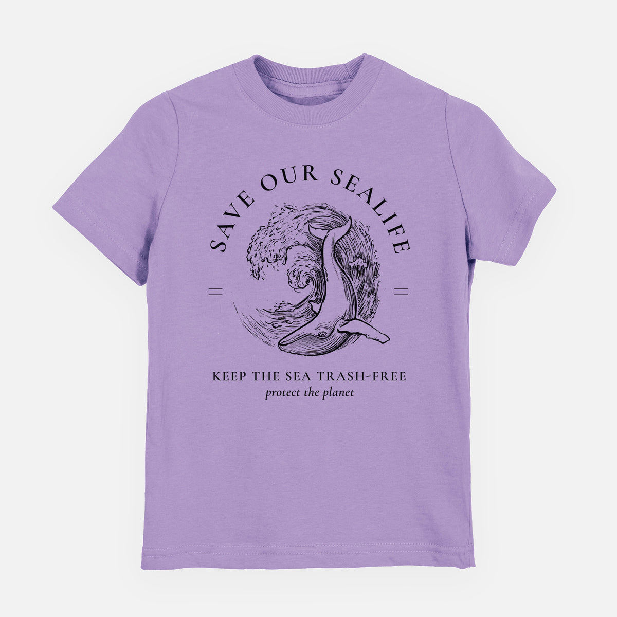 Lavender youth t-shirt laid flat, printed with a black ink whale in an ocean wave framed by the words Save Our Sealife, Keep the Sea Trash-Free.