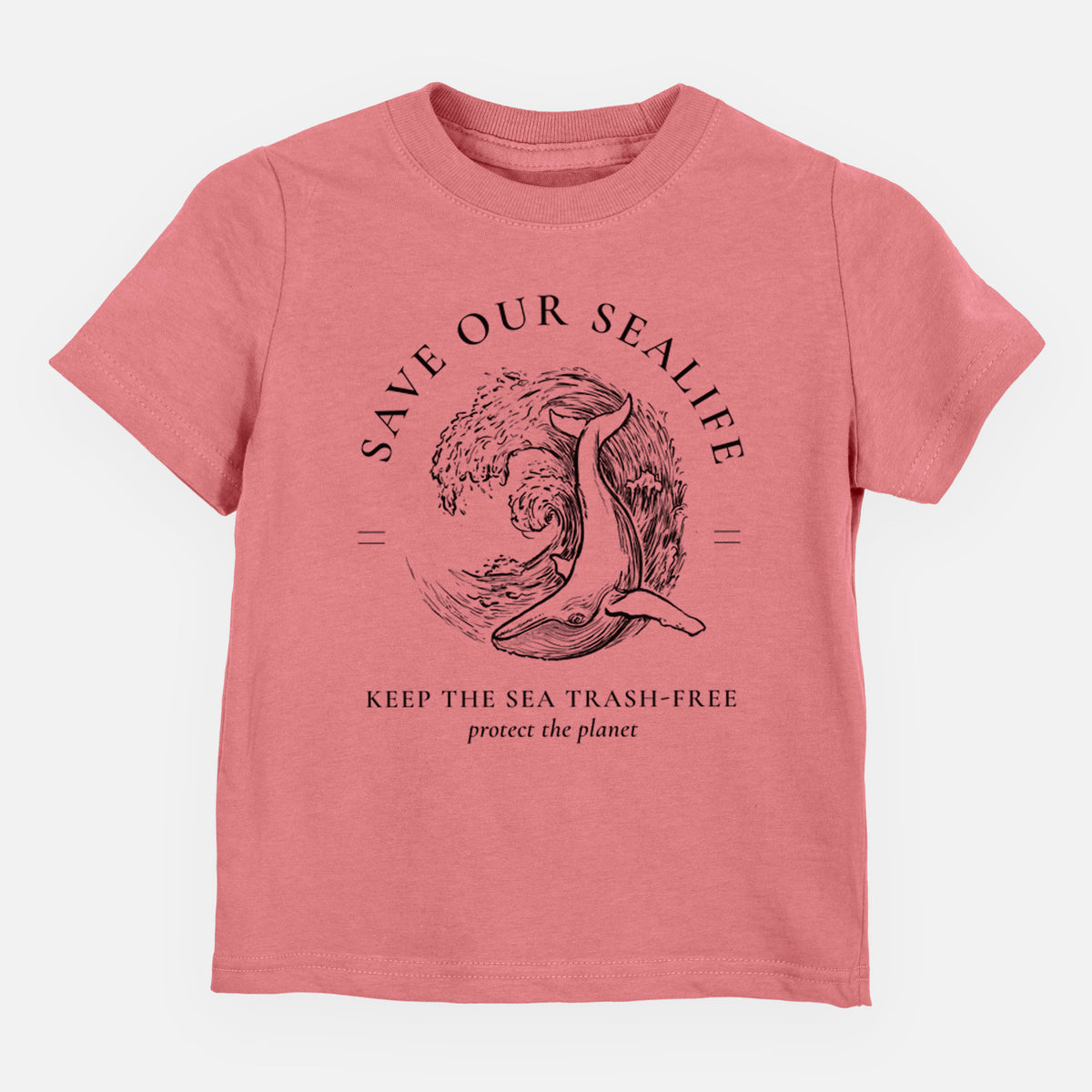 Mauve pink toddler t-shirt laid flat, printed with a black ink whale in an ocean wave framed by the words Save Our Sealife, Keep the Sea Trash-Free.