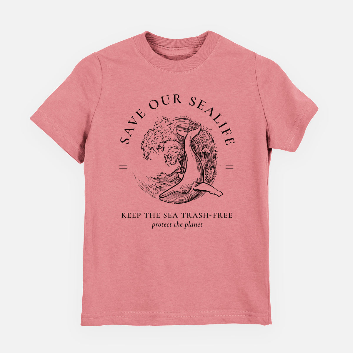 Mauve pink youth t-shirt laid flat, printed with a black ink whale in an ocean wave framed by the words Save Our Sealife, Keep the Sea Trash-Free.