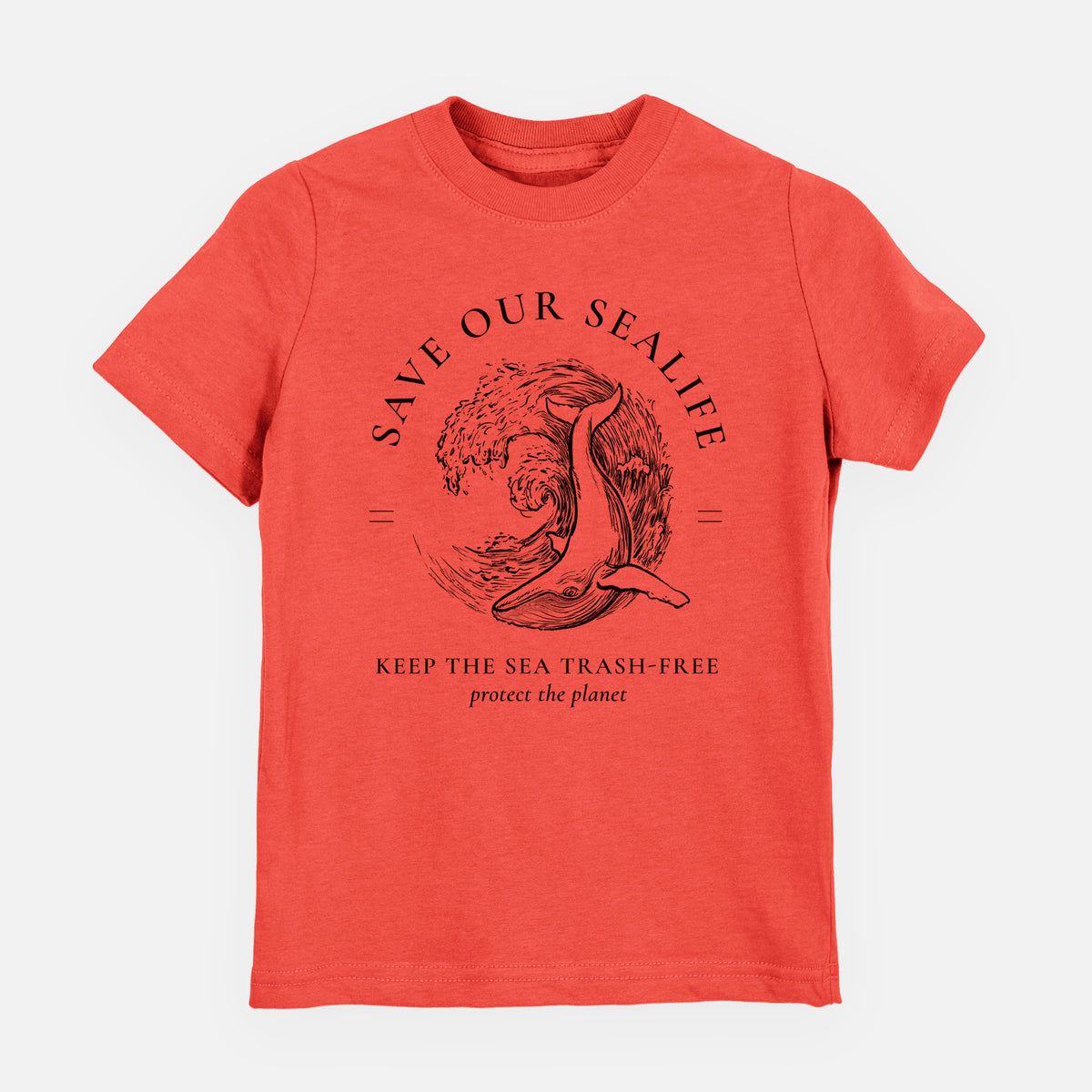 Passionfruit pink youth t-shirt laid flat, printed with a black ink whale in an ocean wave framed by the words Save Our Sealife, Keep the Sea Trash-Free.