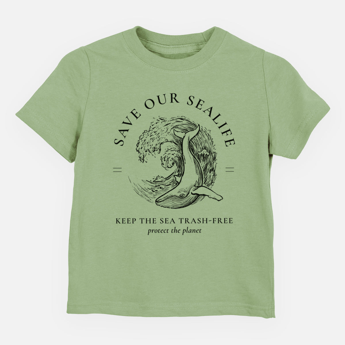 Sage green toddler t-shirt laid flat, printed with a black ink whale in an ocean wave framed by the words Save Our Sealife, Keep the Sea Trash-Free.