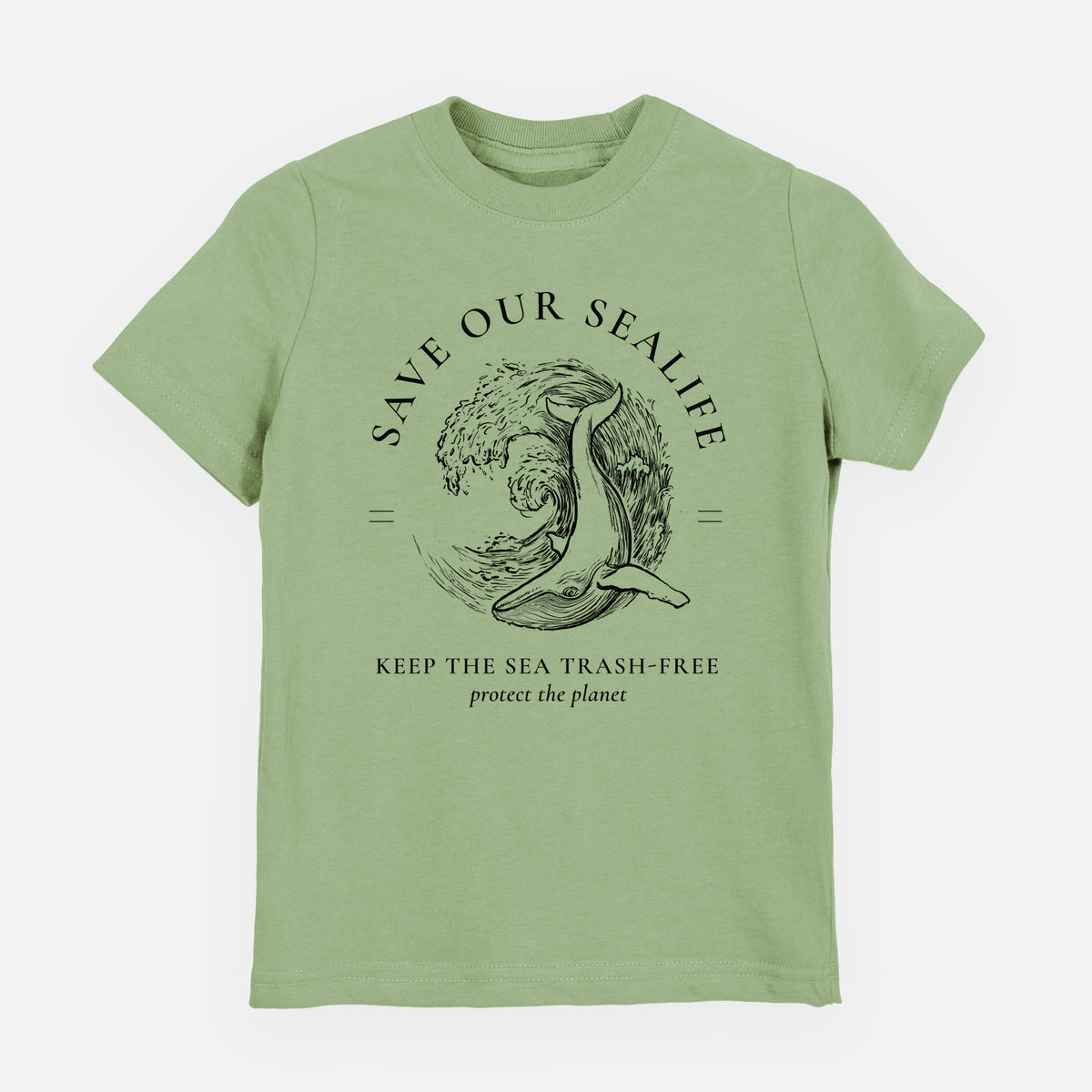 Sage green youth t-shirt laid flat, printed with a black ink whale in an ocean wave framed by the words Save Our Sealife, Keep the Sea Trash-Free.