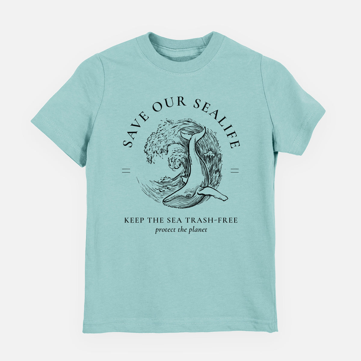 Saltwater youth t-shirt laid flat, printed with a black ink whale in an ocean wave framed by the words Save Our Sealife, Keep the Sea Trash-Free.