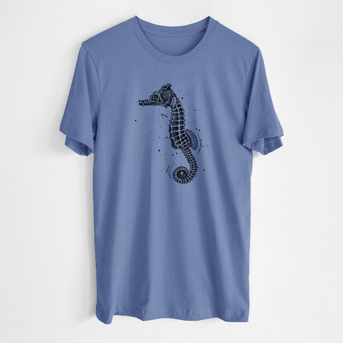 Blue bell lightweight cotton t-shirt laid flat, printed with a detailed black ink illustration of a Pacific seahorse with its tail curled.