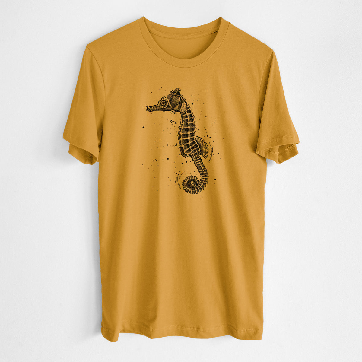 Honeycomb yellow lightweight cotton t-shirt laid flat, printed with a detailed black ink illustration of a Pacific seahorse with its tail curled.