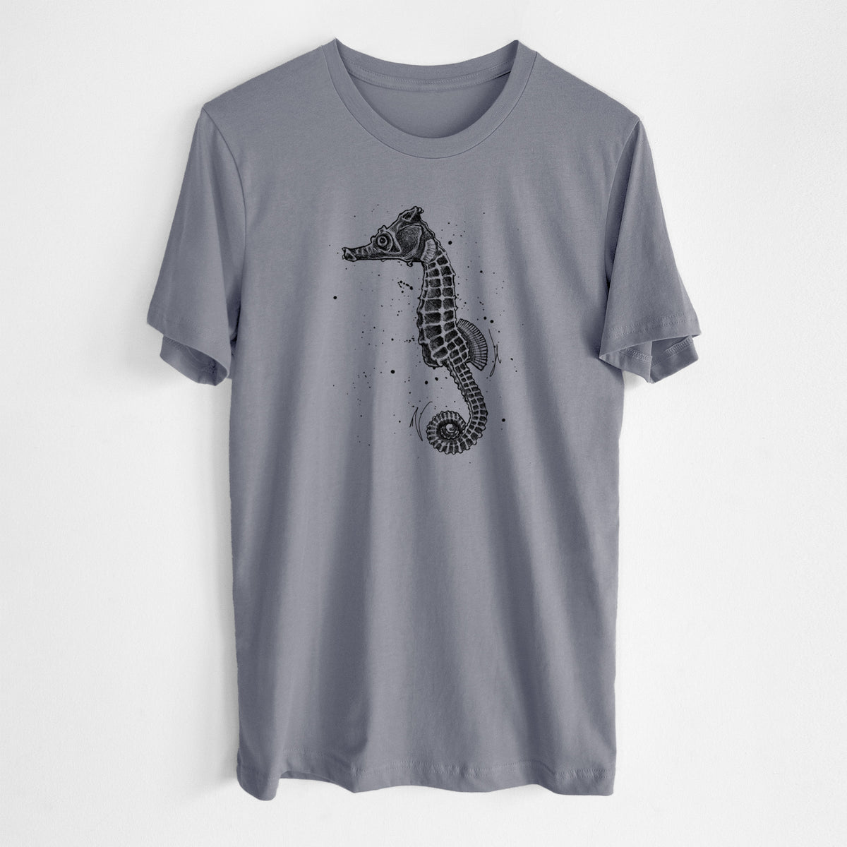 Storm grey lightweight cotton t-shirt laid flat, printed with a detailed black ink illustration of a Pacific seahorse with its tail curled.