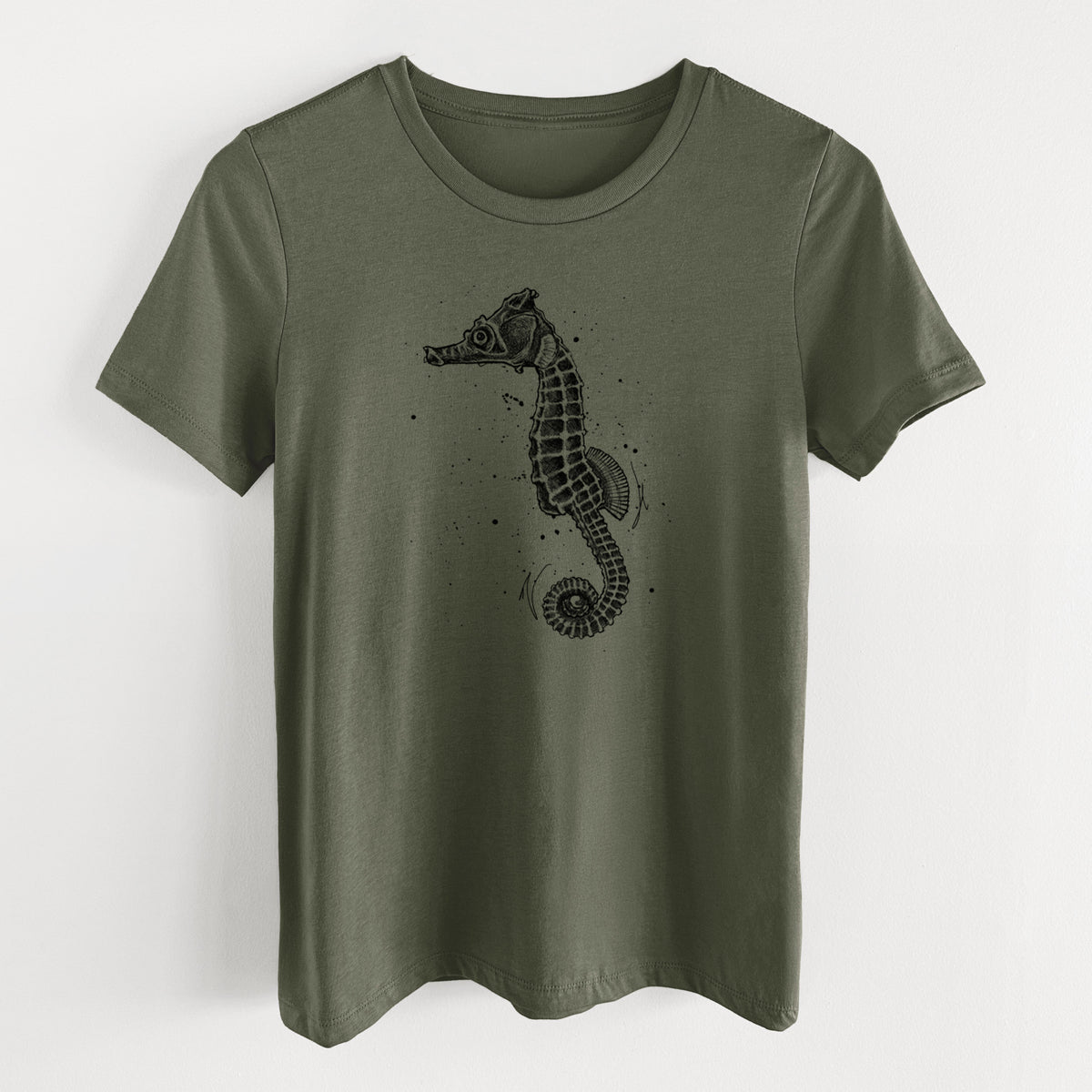Military green women's relaxed fit cotton t-shirt laid flat, printed with a detailed black ink illustration of a Pacific seahorse with its tail curled.