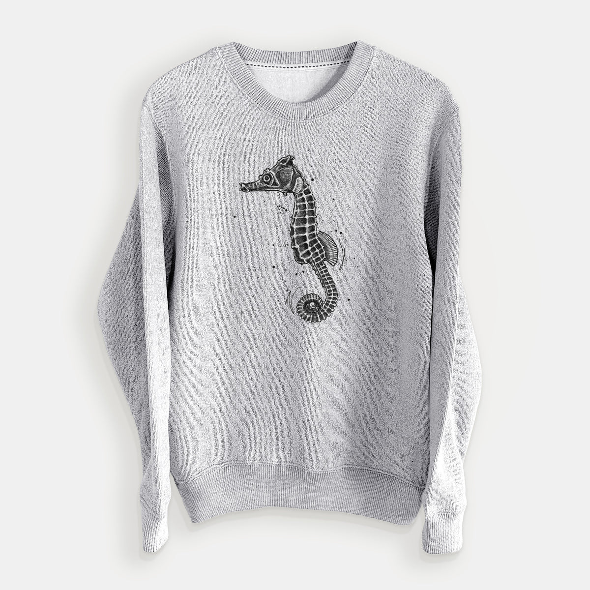 Salt and pepper knit sweatshirt laid flat, printed with a detailed black ink illustration of a Pacific seahorse with its tail curled.