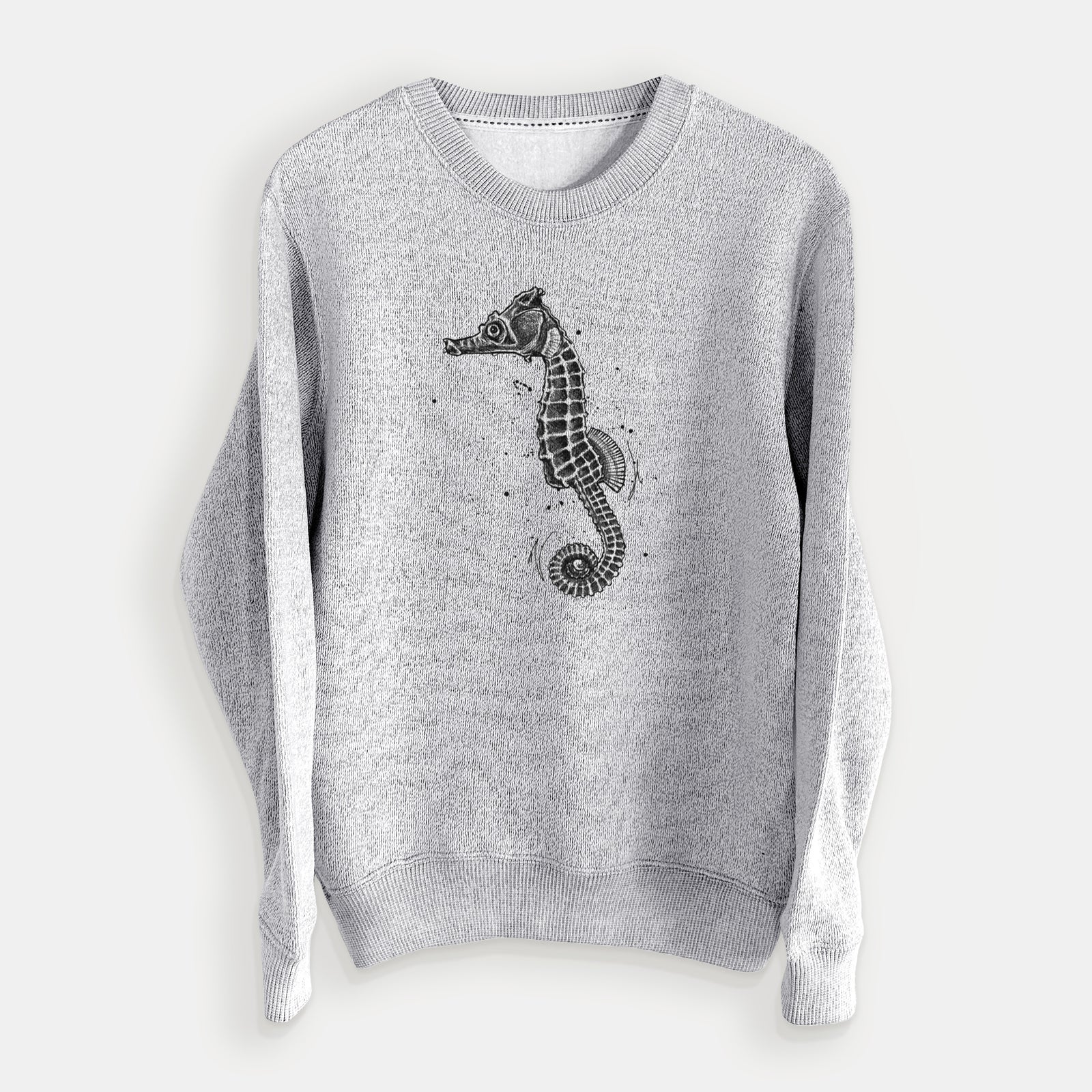 Salt and pepper knit sweatshirt laid flat, printed with a detailed black ink illustration of a Pacific seahorse with its tail curled.