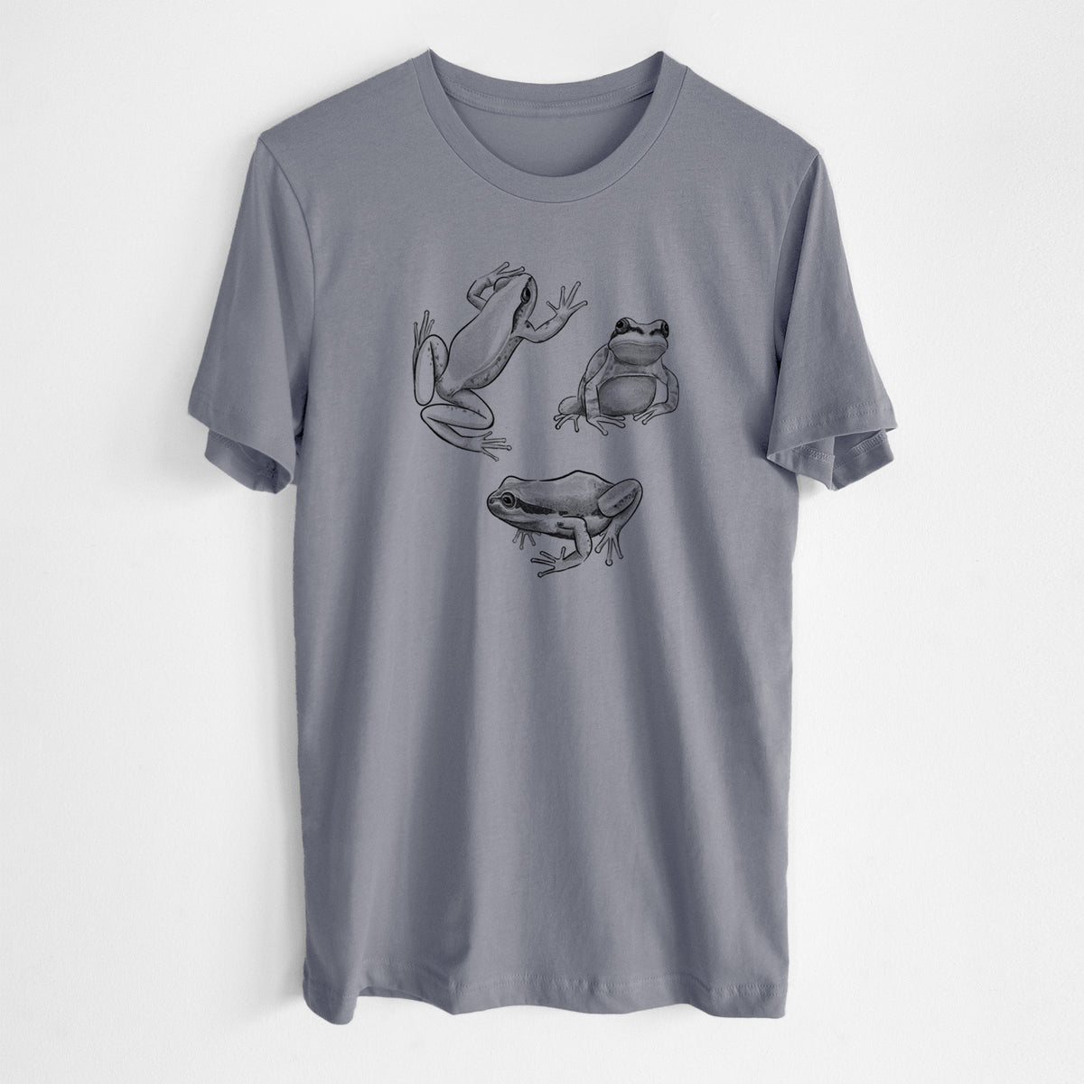 Storm grey lightweight cotton t-shirt laid flat, printed with a black ink illustration of three Pacific tree frogs in different poses.