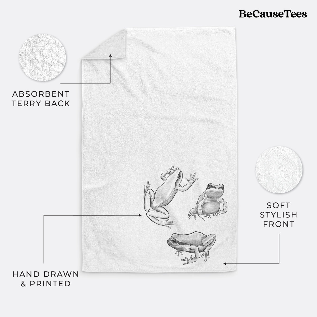 White hand towel printed with a black ink illustration of three Pacific tree frogs in different poses.