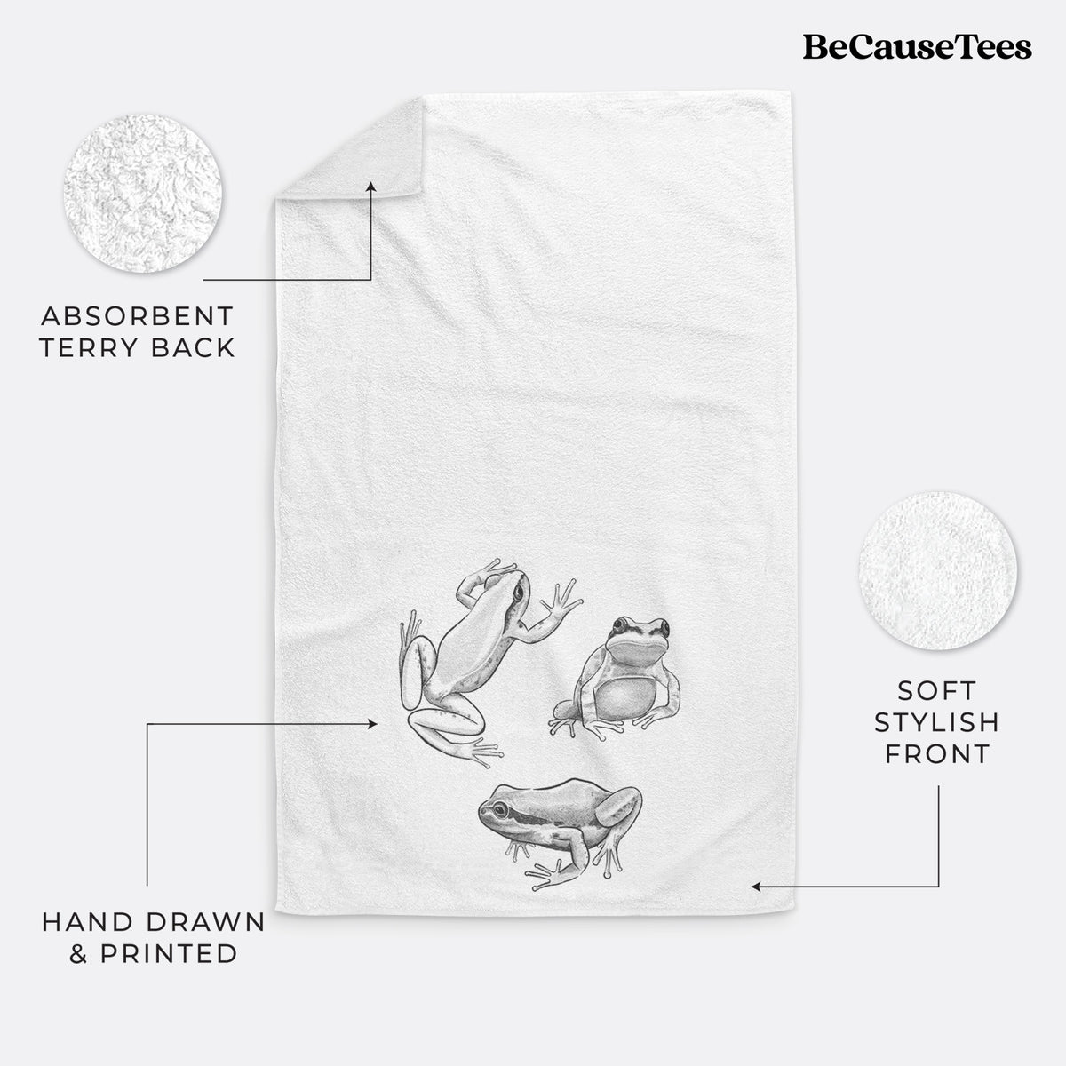 White hand towel printed with a black ink illustration of three Pacific tree frogs in different poses.