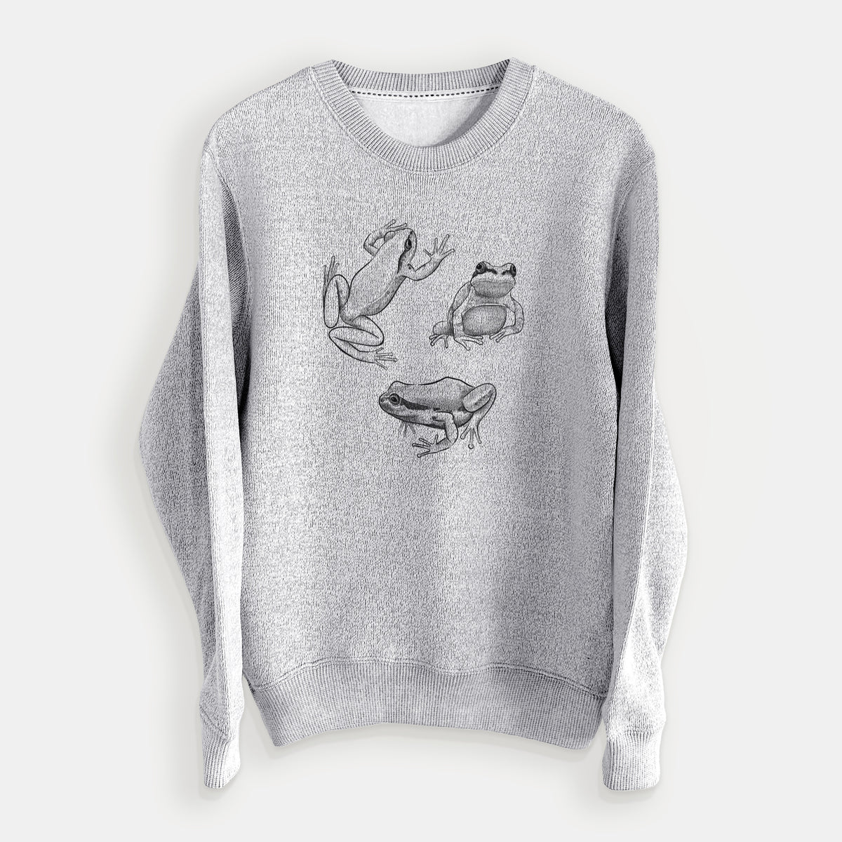 Salt and pepper knit sweatshirt laid flat, printed with a black ink illustration of three Pacific tree frogs in different poses.