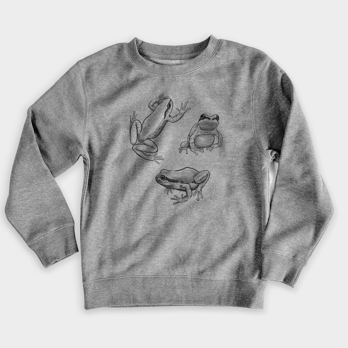 Nickel grey youth crewneck sweatshirt laid flat, printed with a black ink illustration of three Pacific tree frogs in different poses.