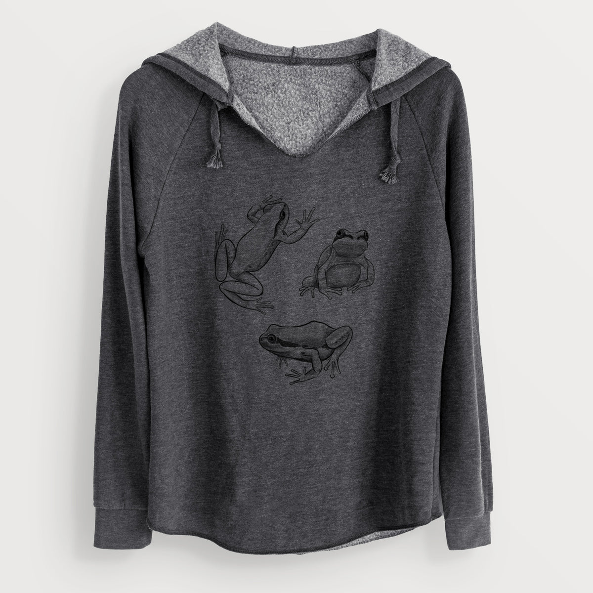 Charcoal grey women's Cali Wave hooded sweatshirt laid flat, printed with a black ink illustration of three Pacific tree frogs in different poses.