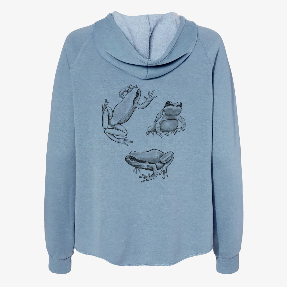 Misty blue women's Cali Wave zip-up sweatshirt laid flat, printed with a black ink illustration of three Pacific tree frogs in different poses.