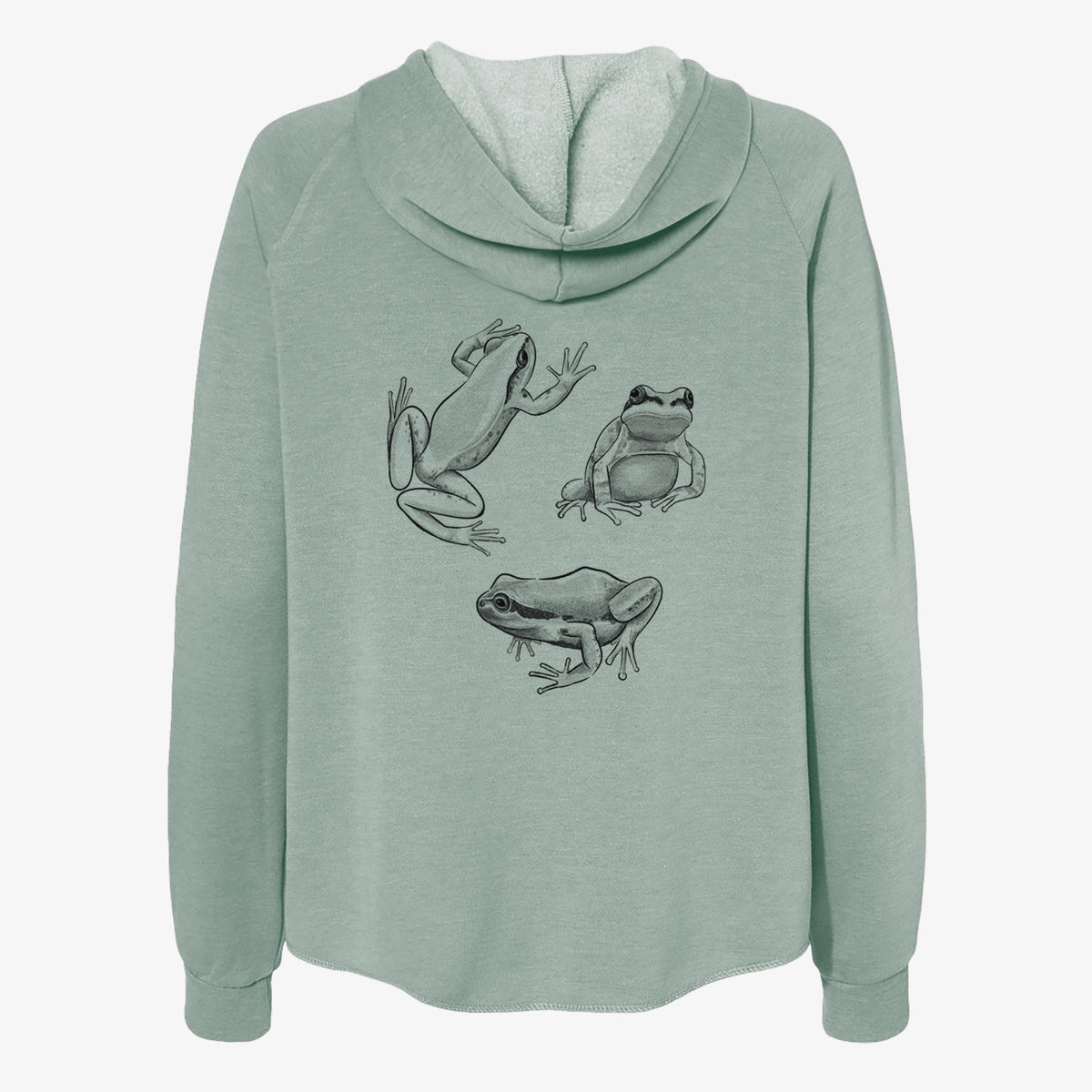 Sage green women's Cali Wave zip-up sweatshirt laid flat, printed with a black ink illustration of three Pacific tree frogs in different poses.
