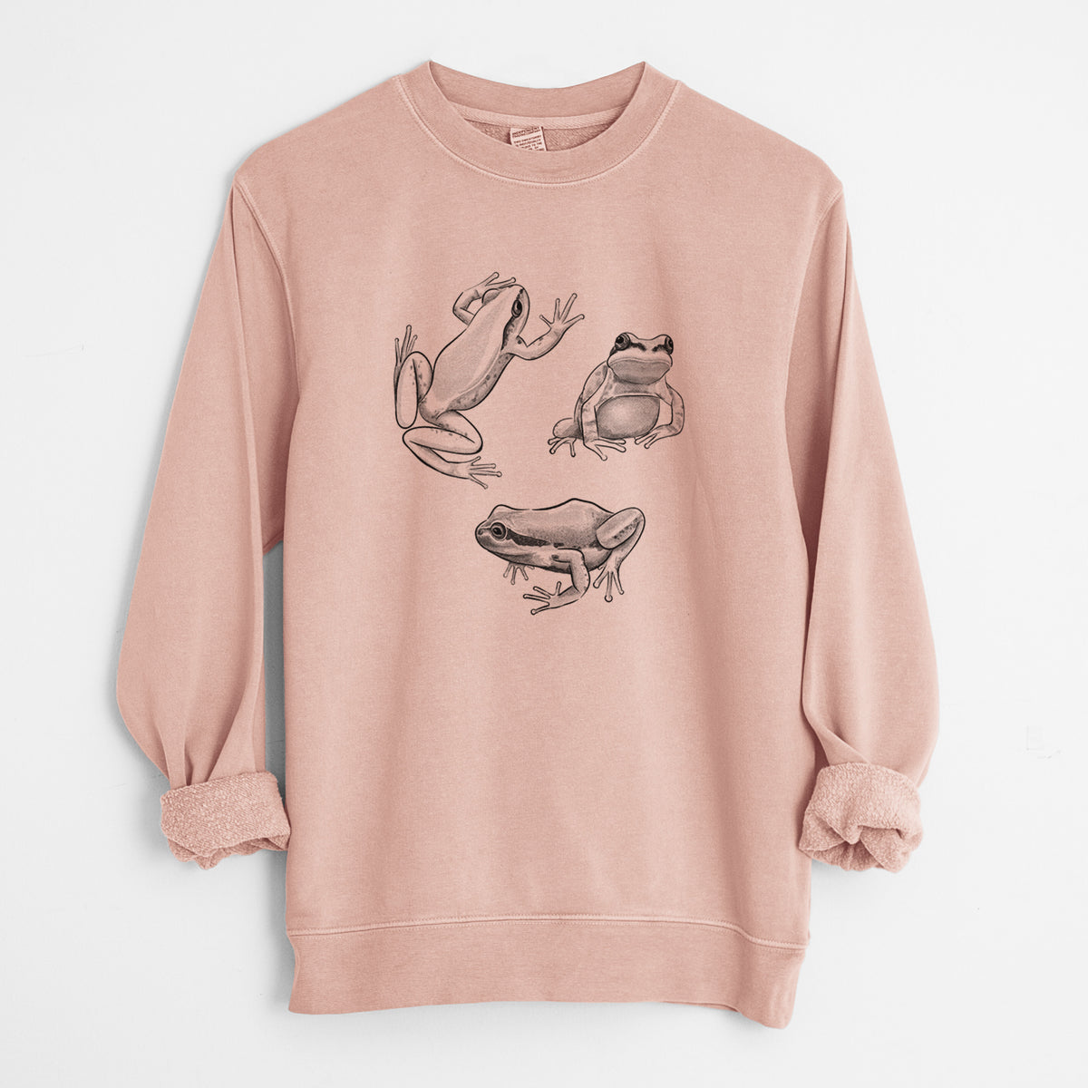 Dusty pink pigment dyed crewneck sweatshirt laid flat with the sleeves rolled, printed with a black ink illustration of three Pacific tree frogs in different poses.