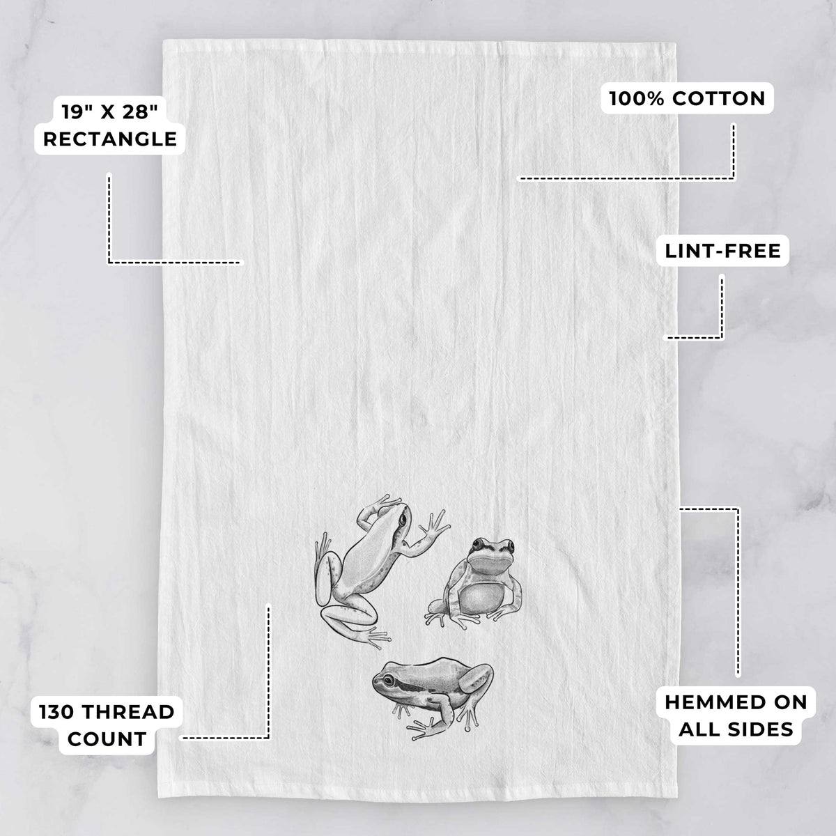 White tea towel printed with a black ink illustration of three Pacific tree frogs in different poses, with feature labels: 19 by 28 inch rectangle, 100% cotton, lint-free, 130 thread count, hemmed on all sides.