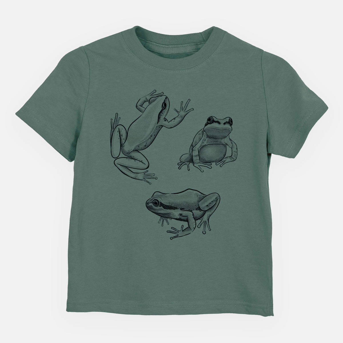 Basil green toddler t-shirt laid flat, printed with a black ink illustration of three Pacific tree frogs in different poses.