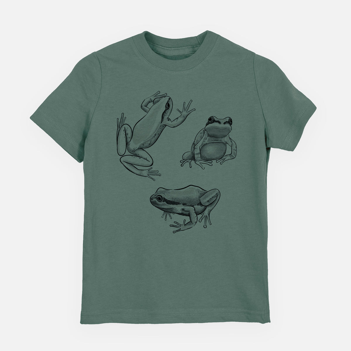Basil green youth t-shirt laid flat, printed with a black ink illustration of three Pacific tree frogs in different poses.