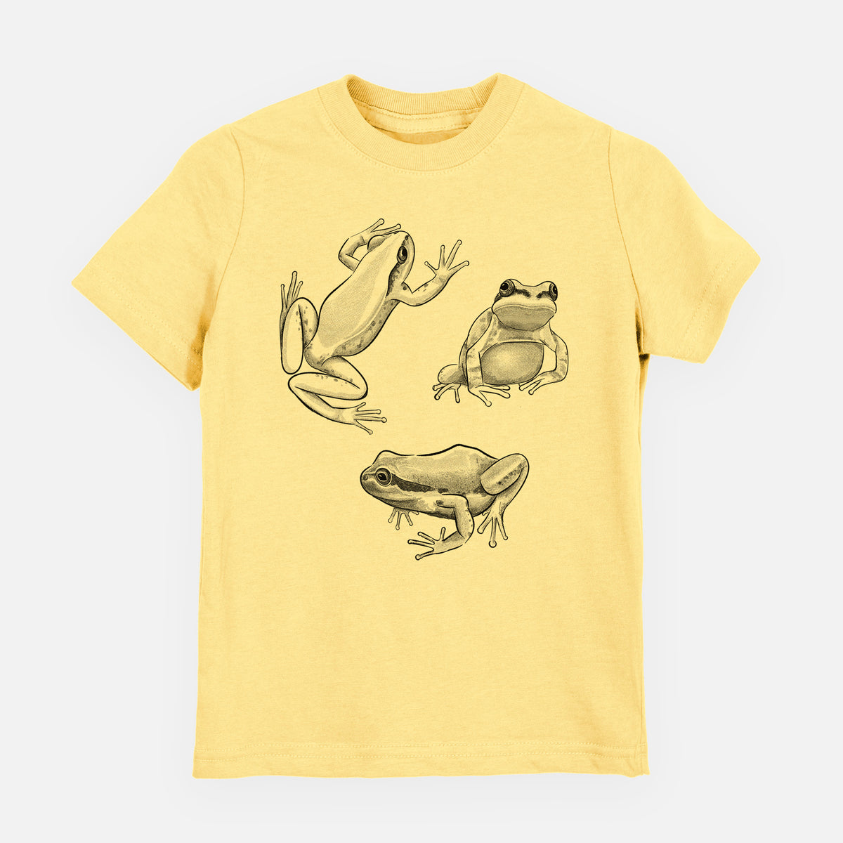 Butter yellow youth t-shirt laid flat, printed with a black ink illustration of three Pacific tree frogs in different poses.