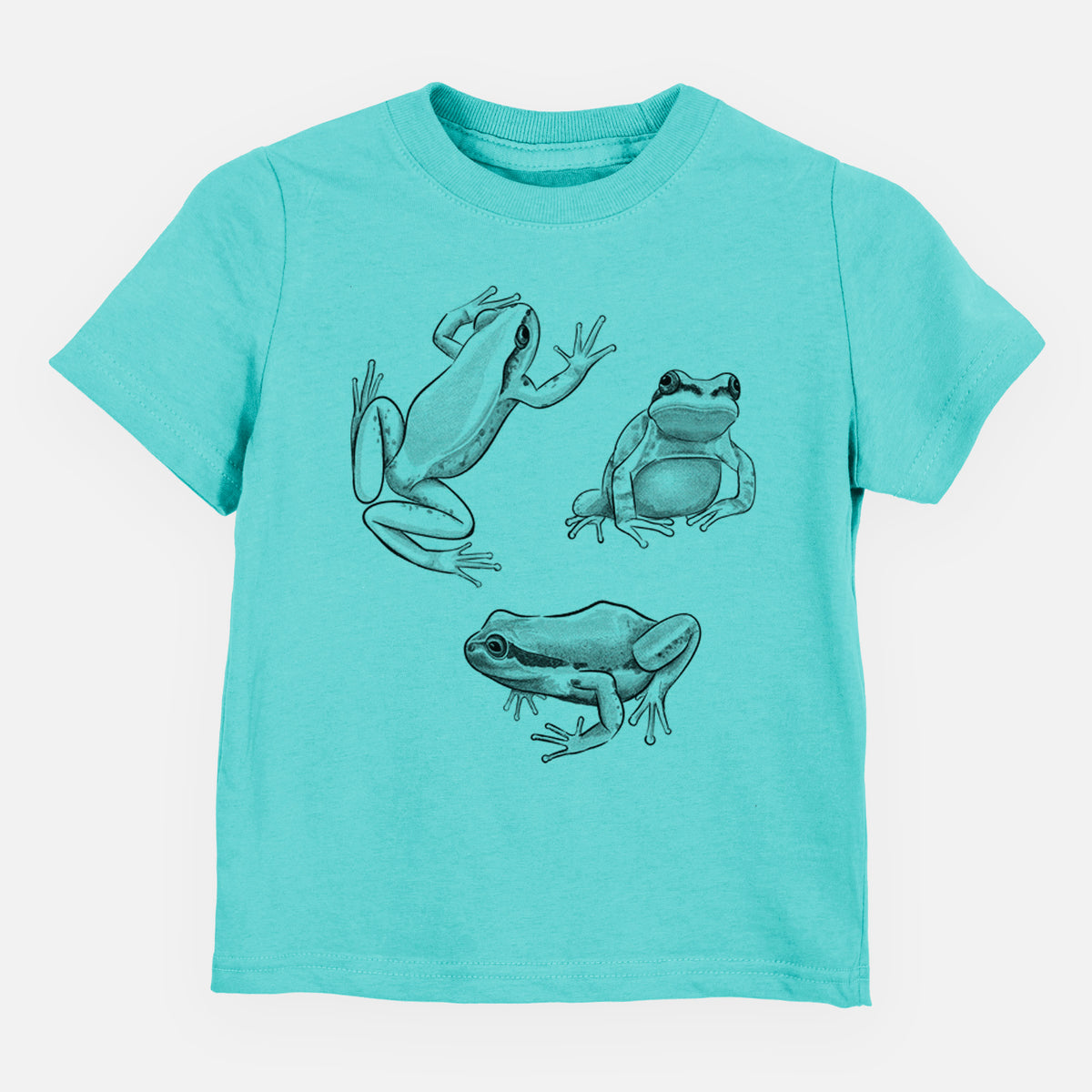 Caribbean blue toddler t-shirt laid flat, printed with a black ink illustration of three Pacific tree frogs in different poses.
