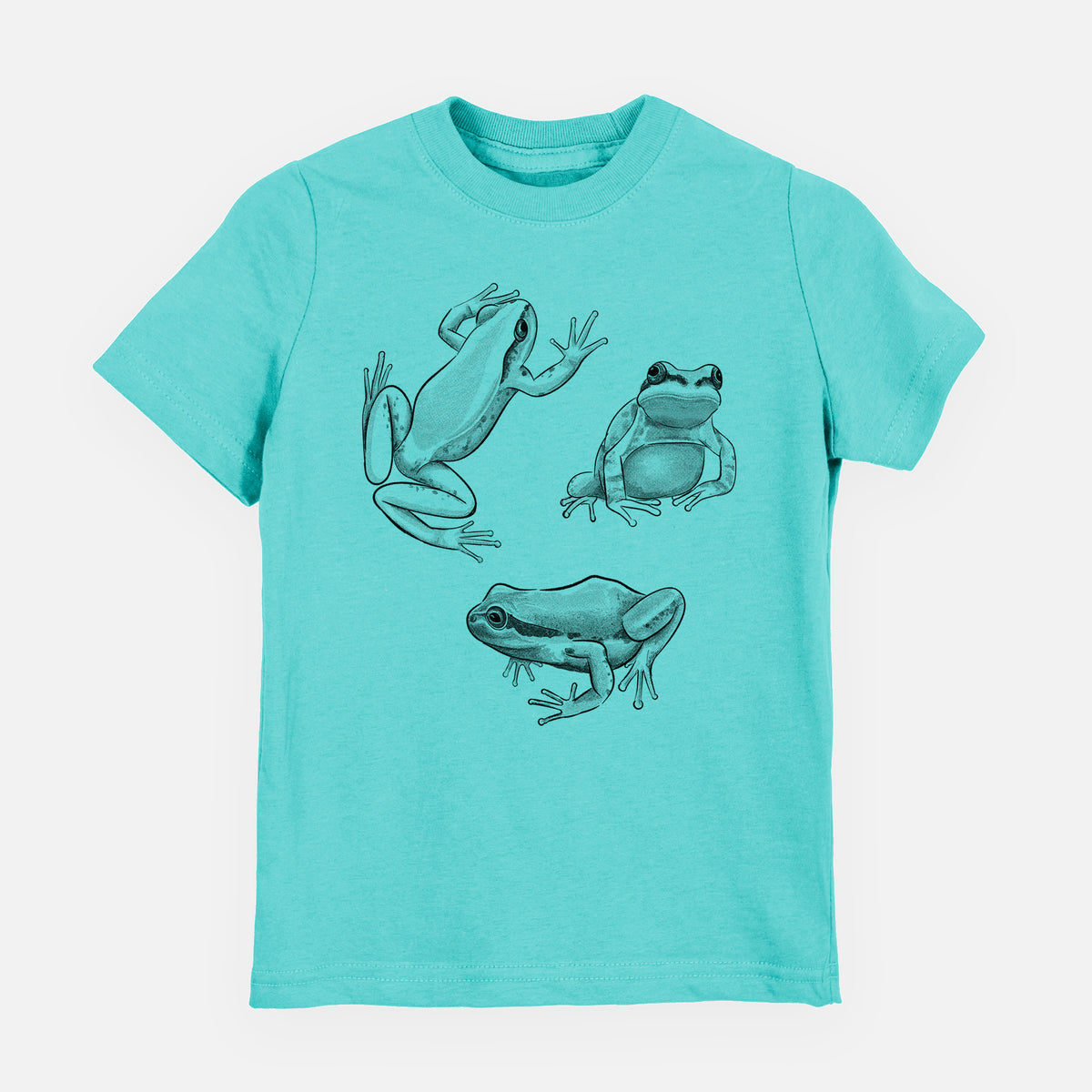 Caribbean blue youth t-shirt laid flat, printed with a black ink illustration of three Pacific tree frogs in different poses.