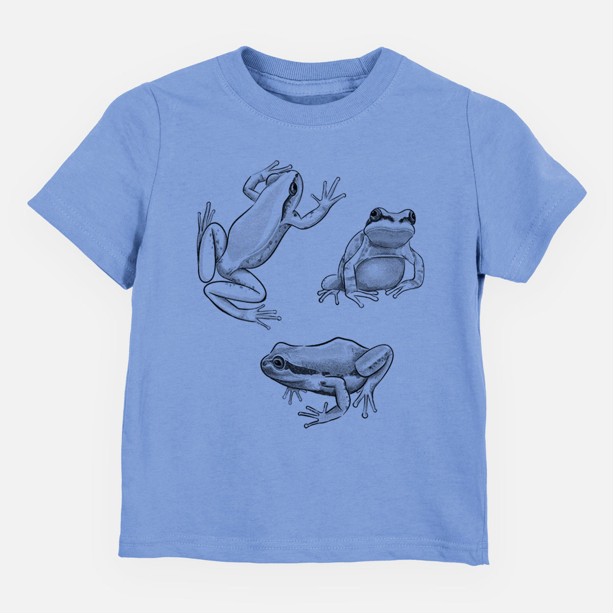 Carolina blue toddler t-shirt laid flat, printed with a black ink illustration of three Pacific tree frogs in different poses.