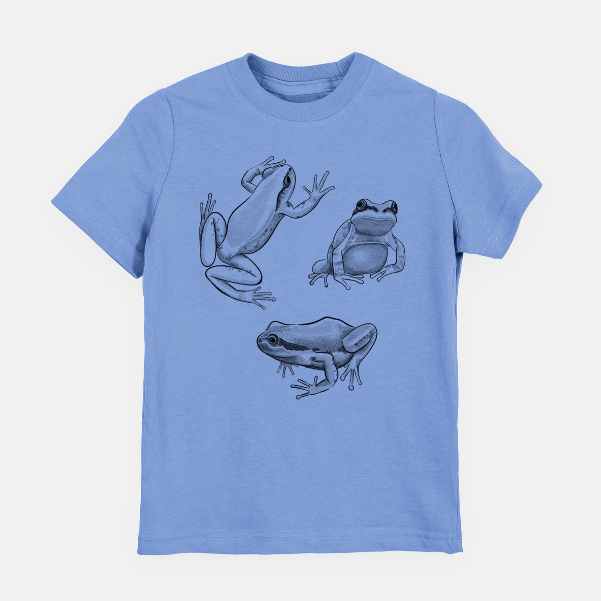 Carolina blue youth t-shirt laid flat, printed with a black ink illustration of three Pacific tree frogs in different poses.