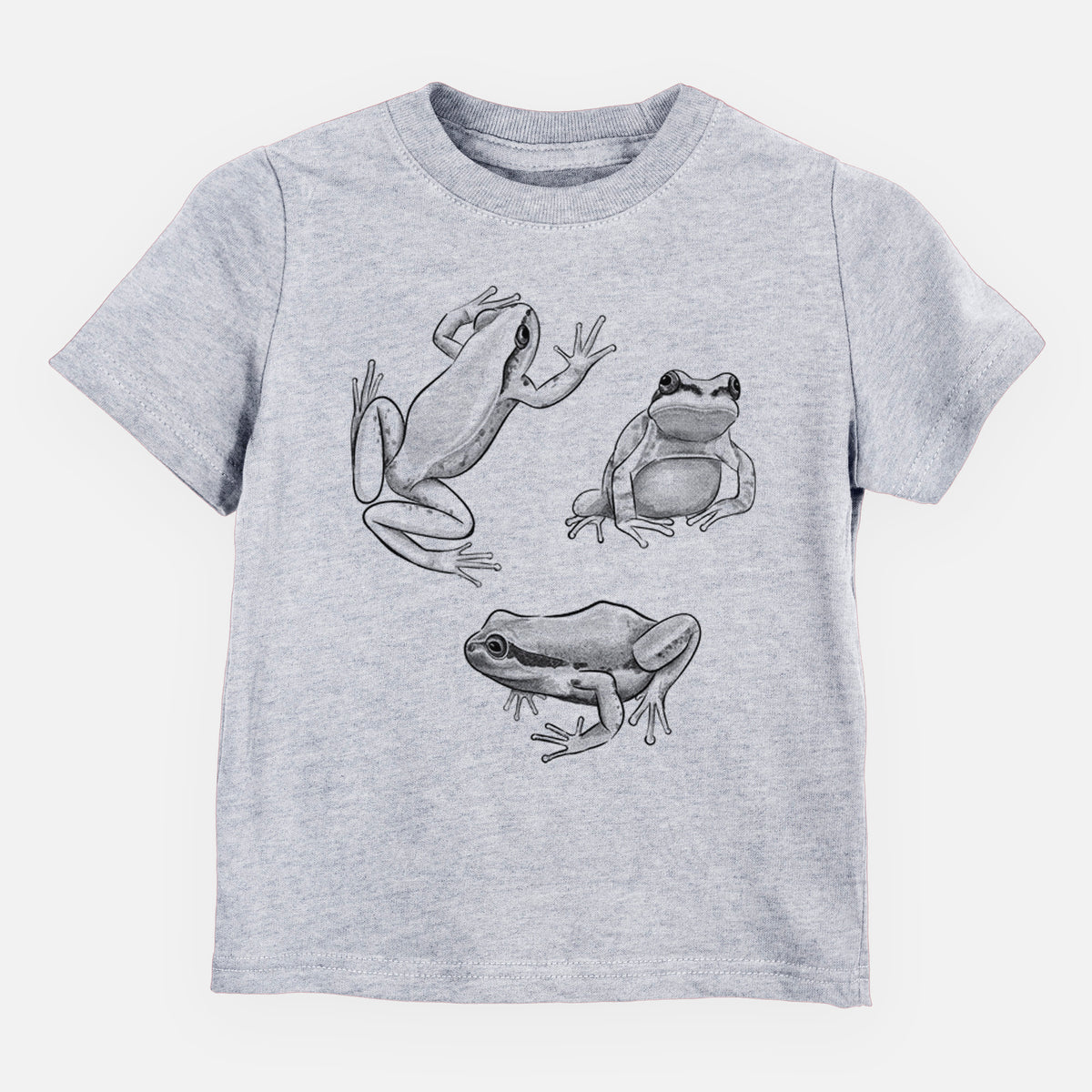 Heather grey toddler t-shirt laid flat, printed with a black ink illustration of three Pacific tree frogs in different poses.