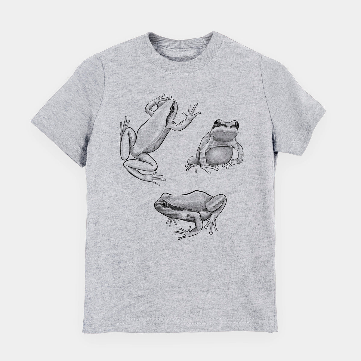 Heather grey youth t-shirt laid flat, printed with a black ink illustration of three Pacific tree frogs in different poses.
