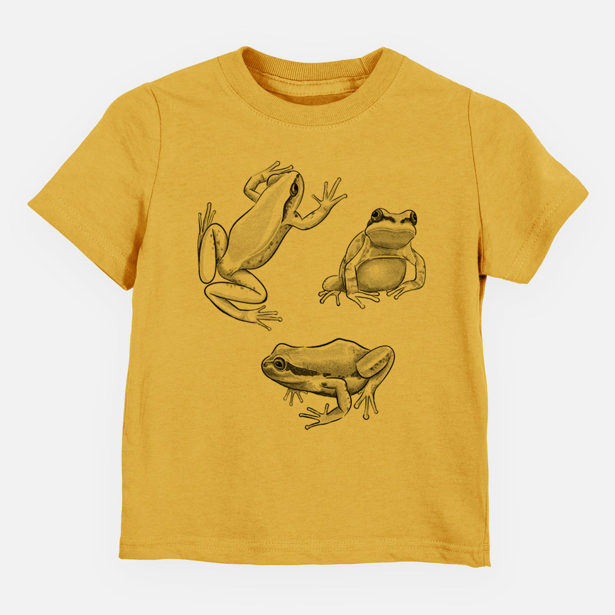 Honeycomb yellow toddler t-shirt laid flat, printed with a black ink illustration of three Pacific tree frogs in different poses.
