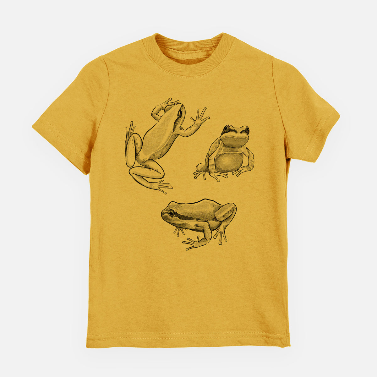Honeycomb yellow youth t-shirt laid flat, printed with a black ink illustration of three Pacific tree frogs in different poses.