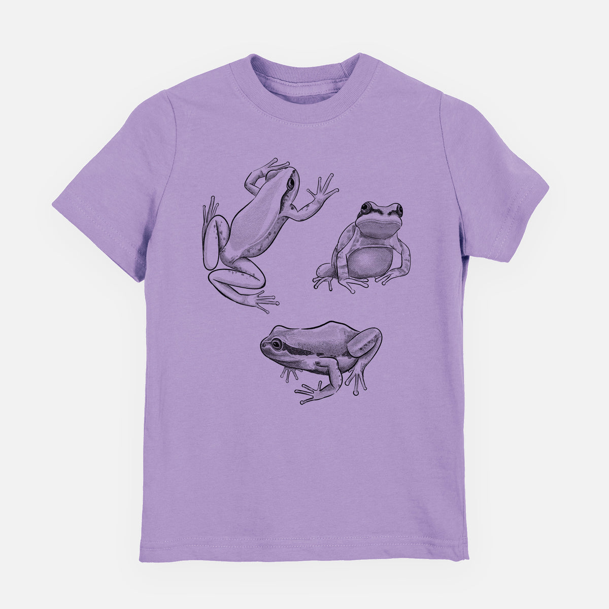 Lavender youth t-shirt laid flat, printed with a black ink illustration of three Pacific tree frogs in different poses.