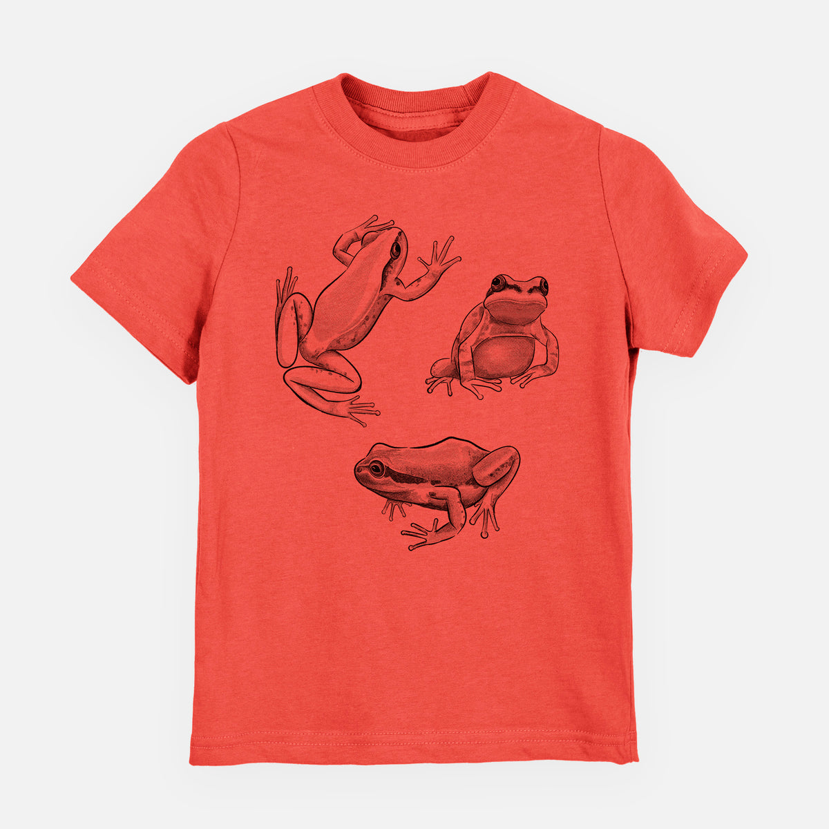 Passionfruit pink youth t-shirt laid flat, printed with a black ink illustration of three Pacific tree frogs in different poses.
