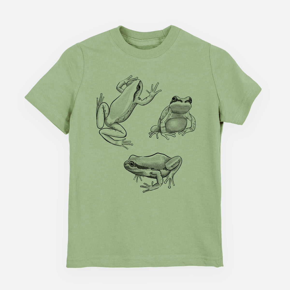 Sage green youth t-shirt laid flat, printed with a black ink illustration of three Pacific tree frogs in different poses.
