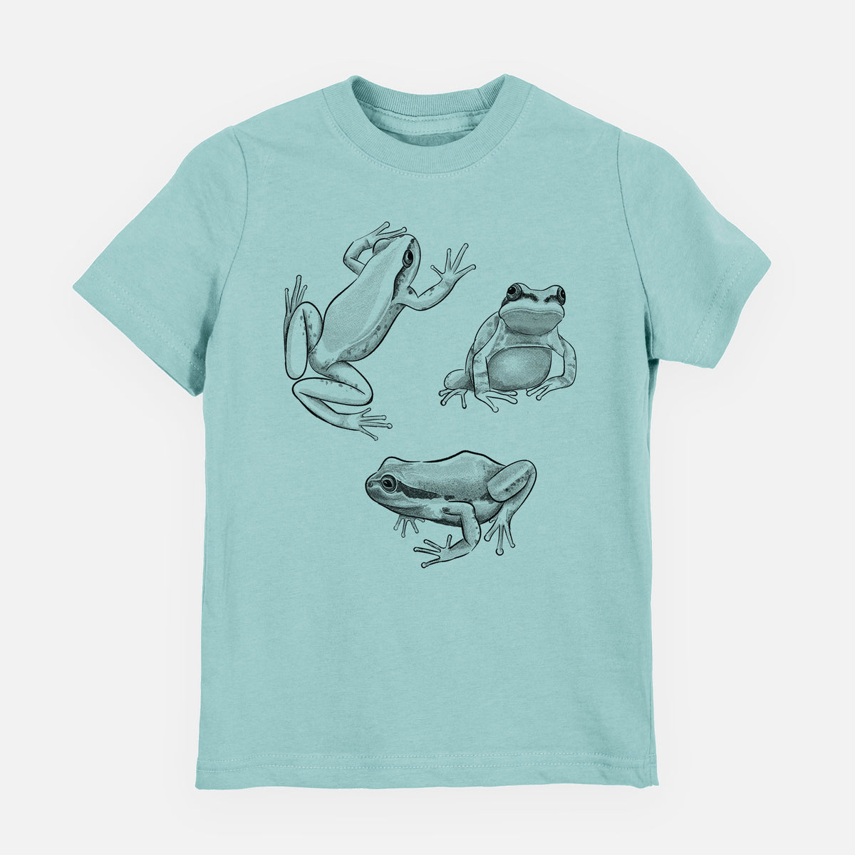 Saltwater youth t-shirt laid flat, printed with a black ink illustration of three Pacific tree frogs in different poses.